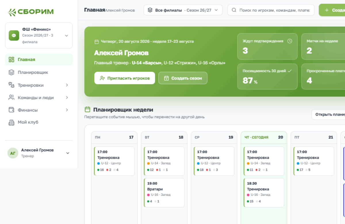 Главная кабинета тренера — расписание дня и ближайшие тренировки