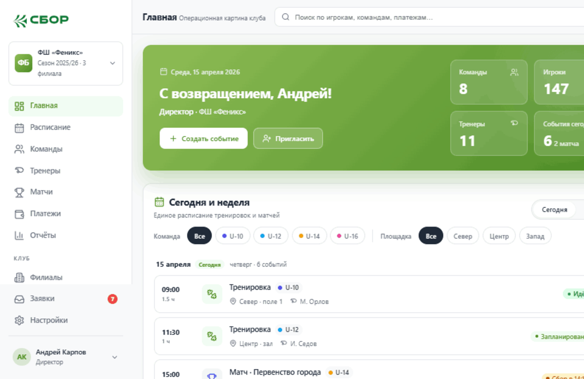 Сводка директора — главная кабинета администратора клуба: ближайшие события недели, число активных игроков и групп, начисления и задолженность, левое меню целиком