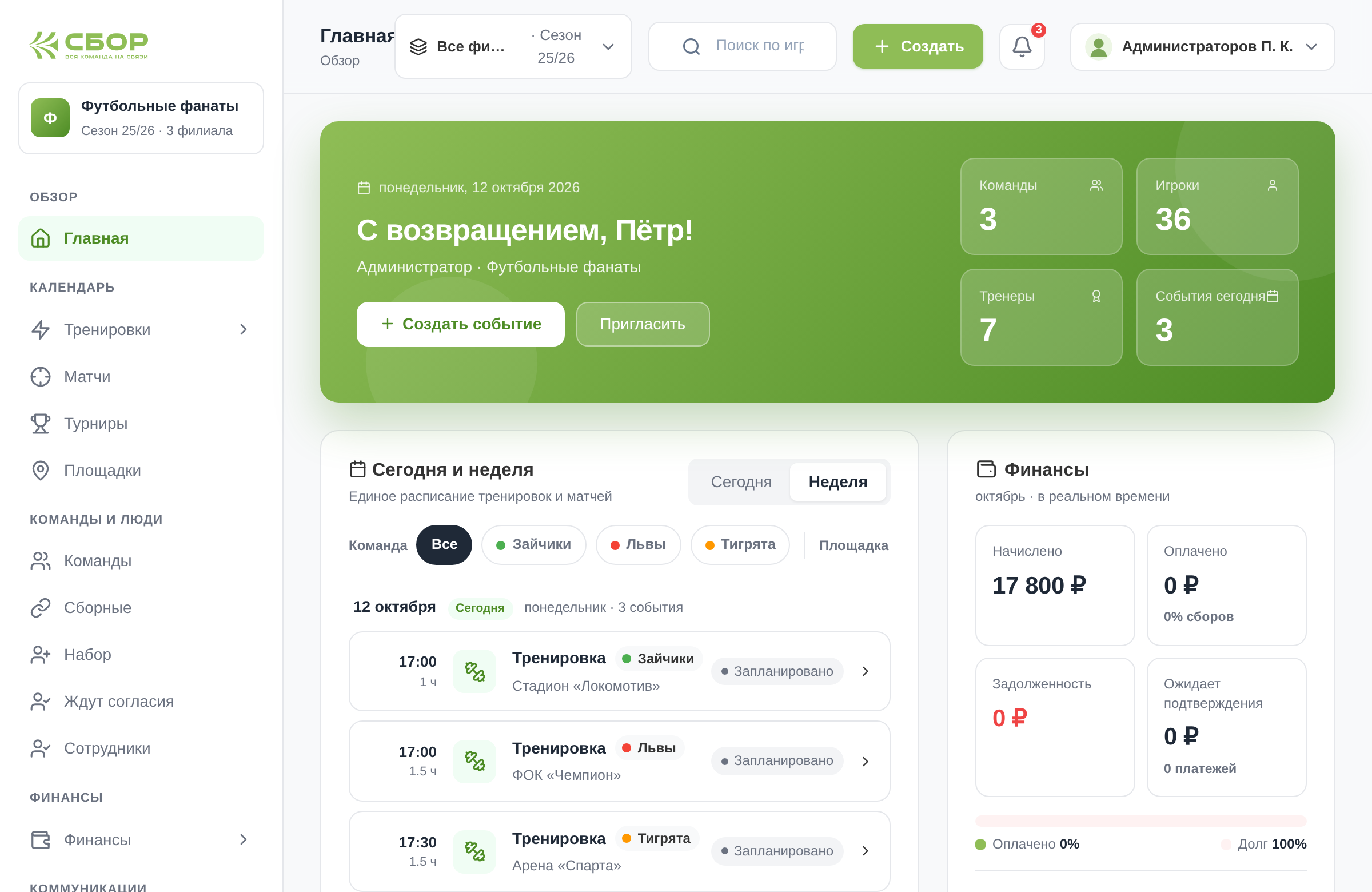 Главная директора: команды, игроки, события недели и финансовая сводка